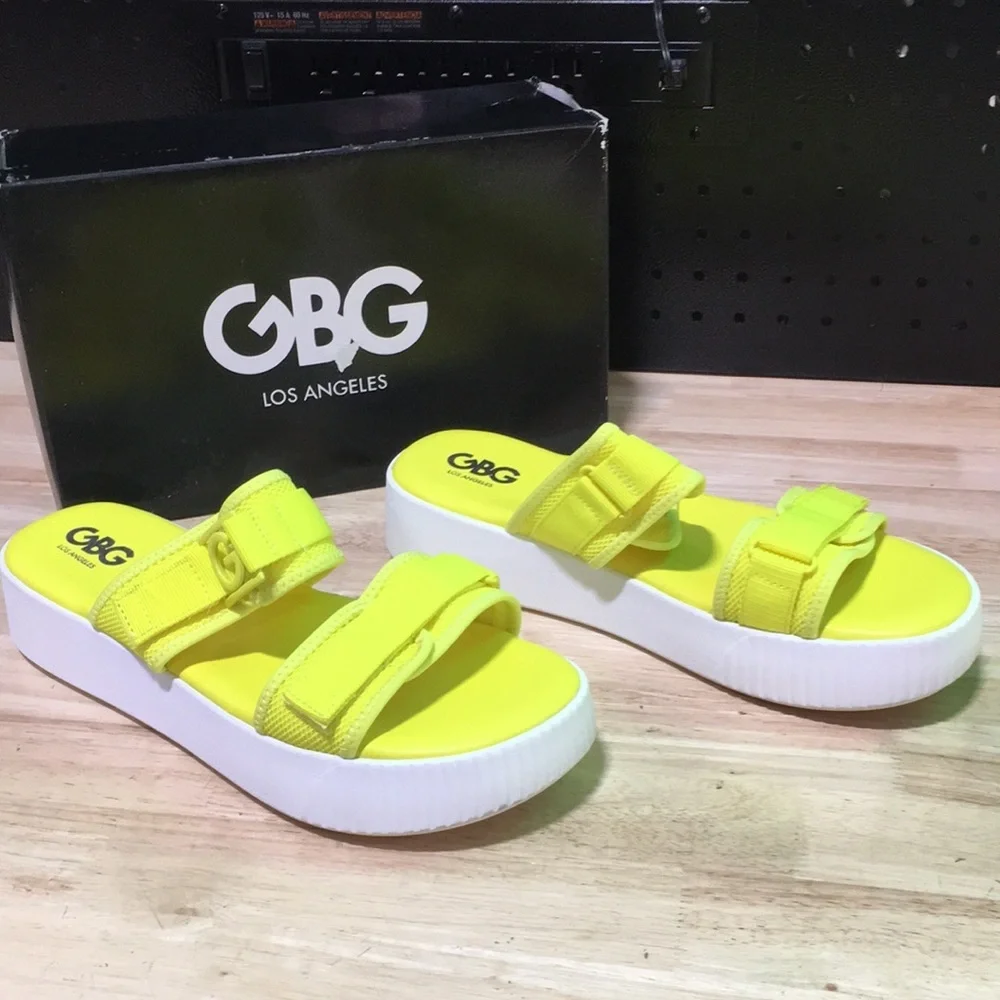 New WB Mens G by Guess Neon Yellow Slide Sandals